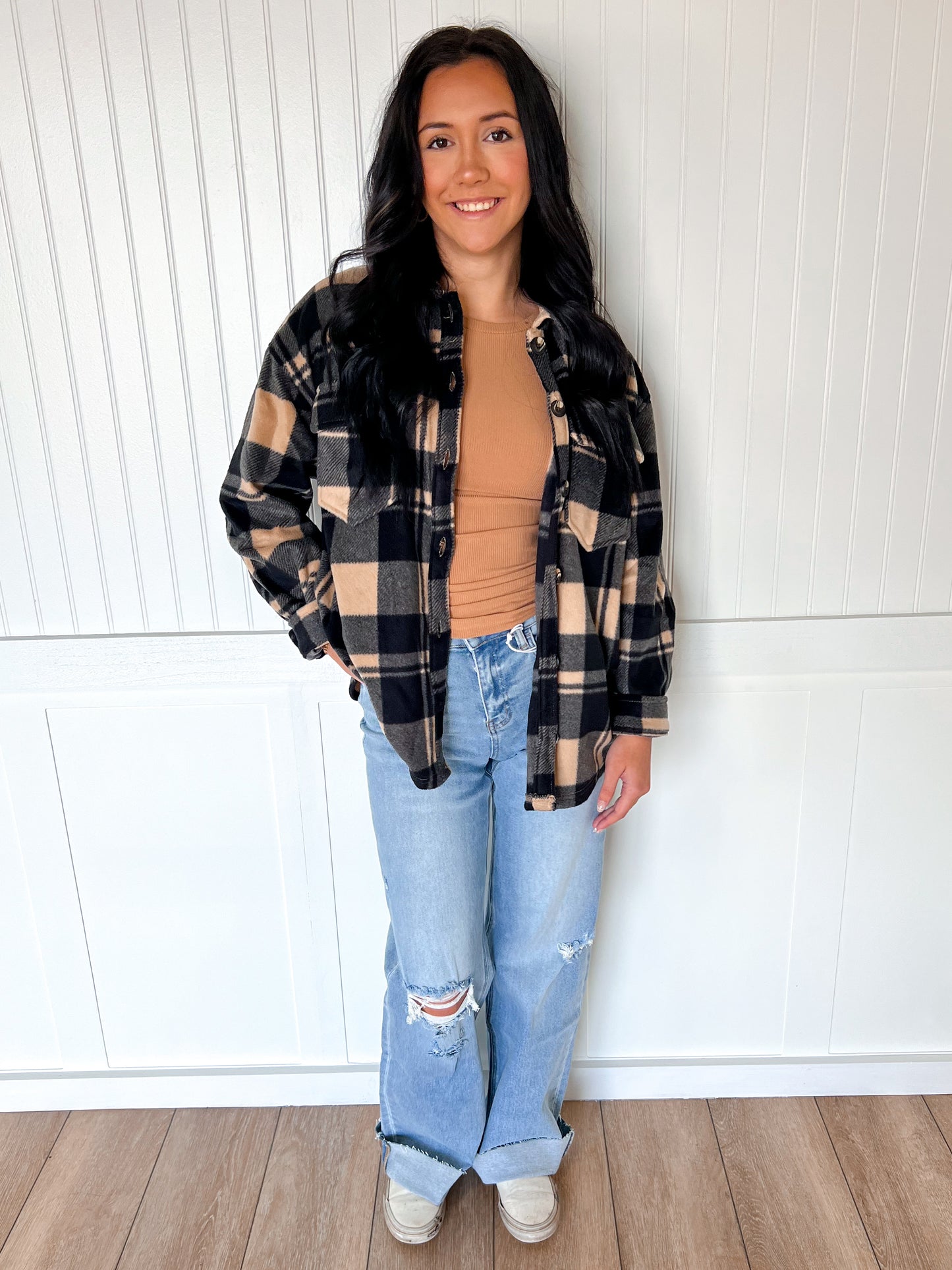 Loretta Long Sleeve Check Printed Fleece Shacket-Active Basic | Active USA-Tops Collection-The Twisted Chandelier