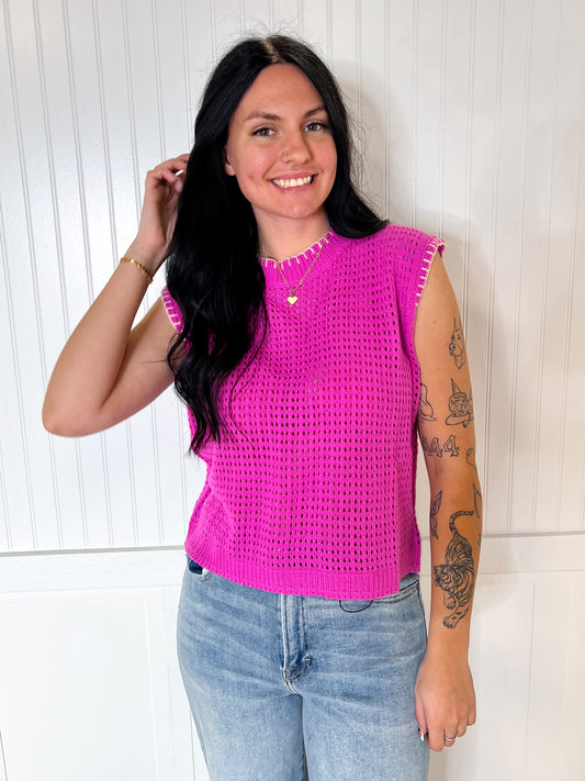 Winnie Crochet Knit Stitching Detailed Sleeveless Top-La Miel-1st md,Bin B5,FD 07/29/25,MDS3597,OGP 46.99,Tops Collection-The Twisted Chandelier