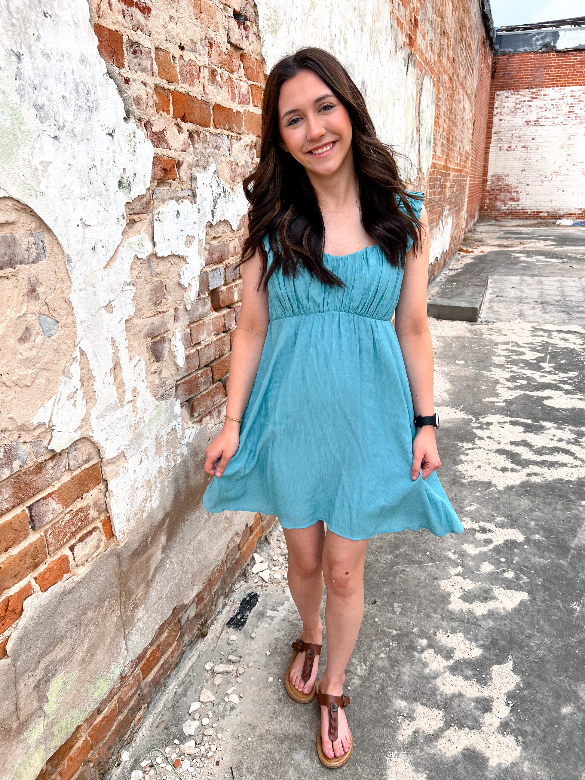 Zelma Dark Mint Ruched Mini Dress-Apparel & Accessories-blu pepper-Bin B1,CR2228,DJR,Fd 05/28/24-The Twisted Chandelier