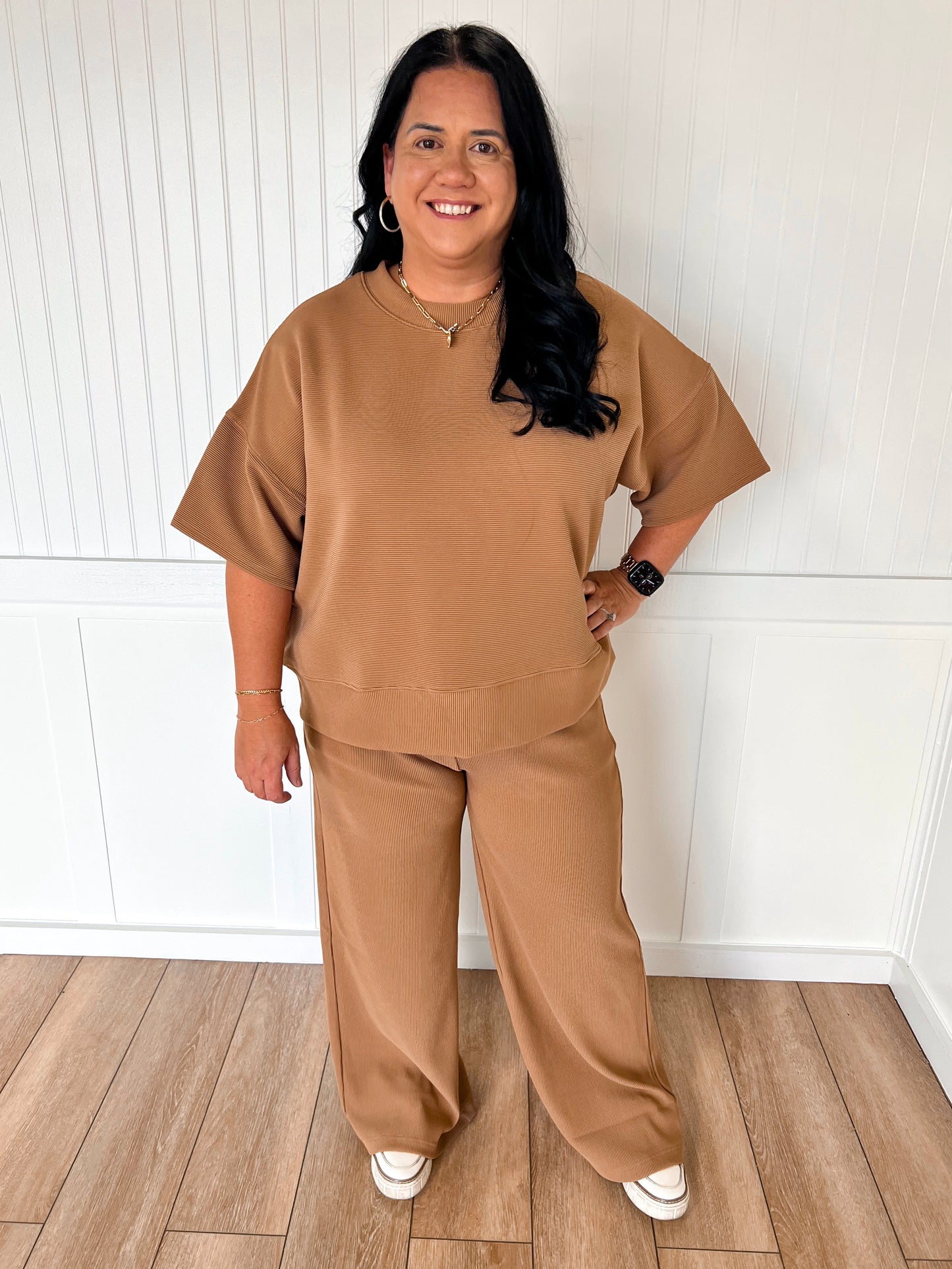 Jovie Ribbed Round Neck Tee & Pants Set – Soft Knit Two-Piece Lounge Outfit - Deep Camel-Outfit Sets-Zenana-FD 11/6/25-The Twisted Chandelier