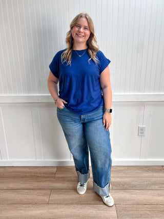 Addie Slub Cuffed Sleeve Tee - Navy-Top-ZENANA-Tops Collection-The Twisted Chandelier
