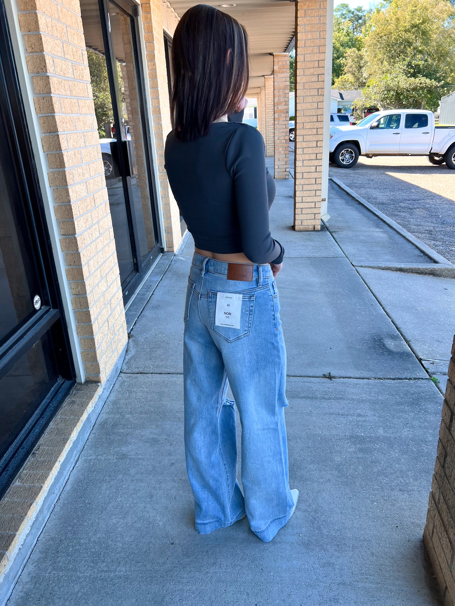 Nori Light Wash Distressed Stretch 33" Inseam Wide Leg Jeans-Hidden Jeans-BIN A 3,Bin b6,bottoms,FD 08/19/25-The Twisted Chandelier