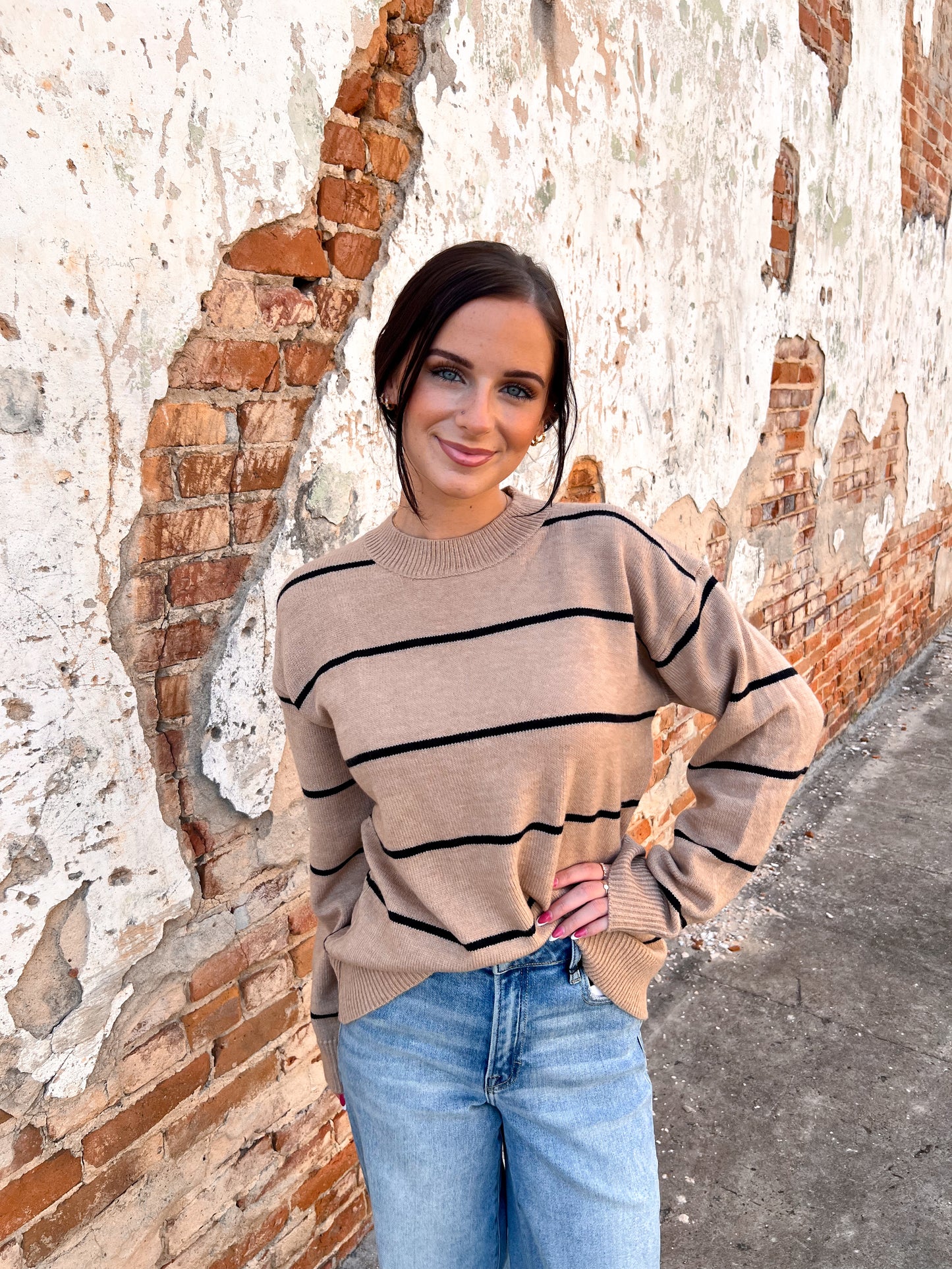 Hadley Loose Fit Stripe Long Sleeve Crewneck Sweater-La Miel-Bin a4,FD 09/30/25,HCS3553,Tops Collection-The Twisted Chandelier