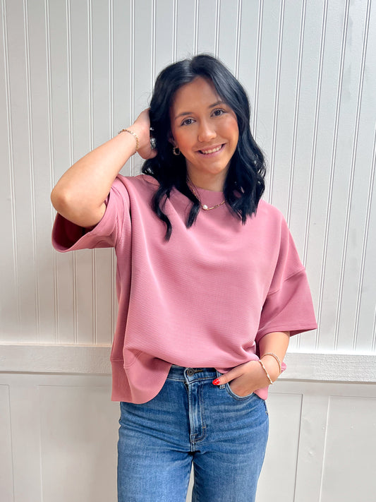 Kinsley Ribbed Round Neck Waist Banded Tee Shirts - Light Rose-Zenana-FD 03/12/26,Tops Collection-The Twisted Chandelier