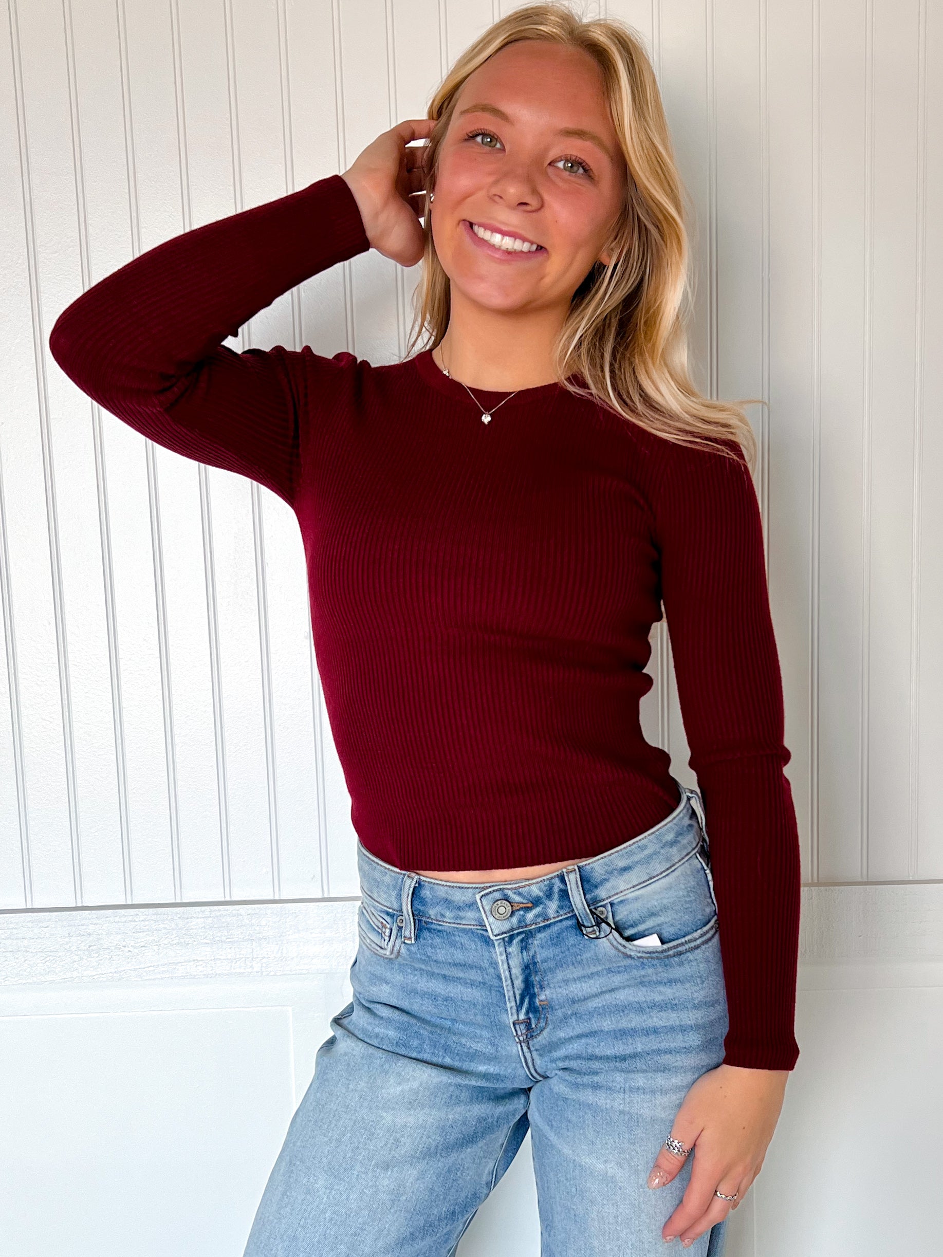 Coraline Long Sleeve Crew Neck Viscose Rib Sweater - Wine-Active Basic | Active USA-Tops Collection-The Twisted Chandelier