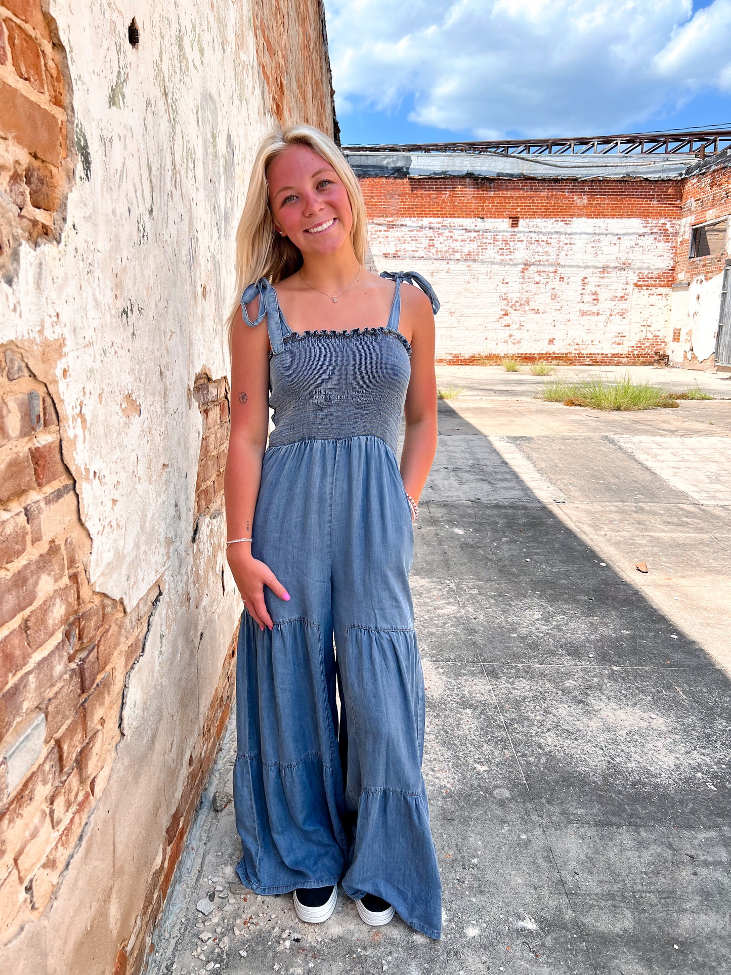 Claira Smocked Tie Shoulder Chambray Palazzo Wide Pant Jumpsuit-Romper-Entro-bin c3, CR 08/05/24-The Twisted Chandelier