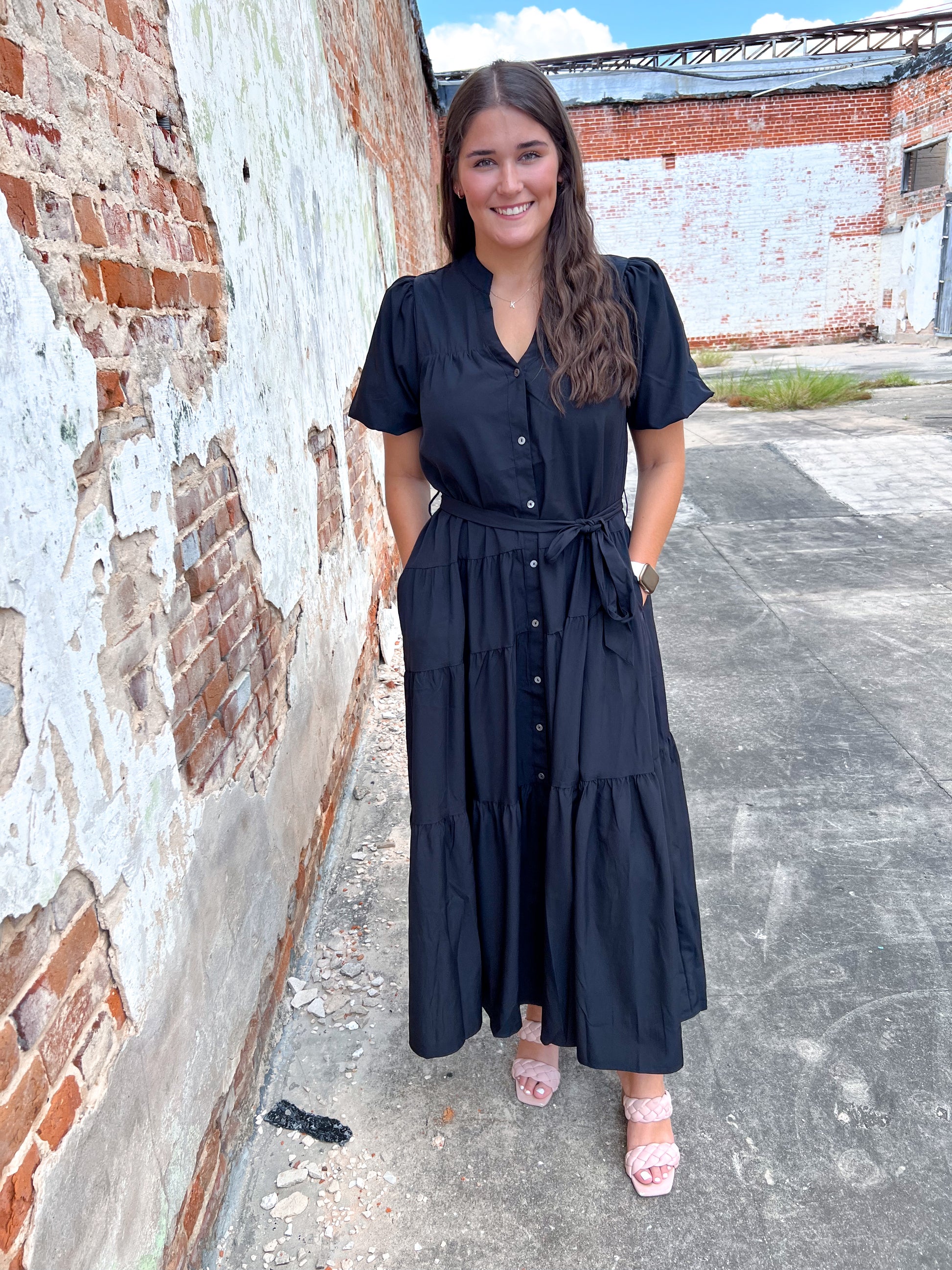 Kinsley Solid V-Neck Puff Sleeve Button Down Midi Dress - Black-Midi Dress-Entro-bin c3, CR 08/21/24-The Twisted Chandelier