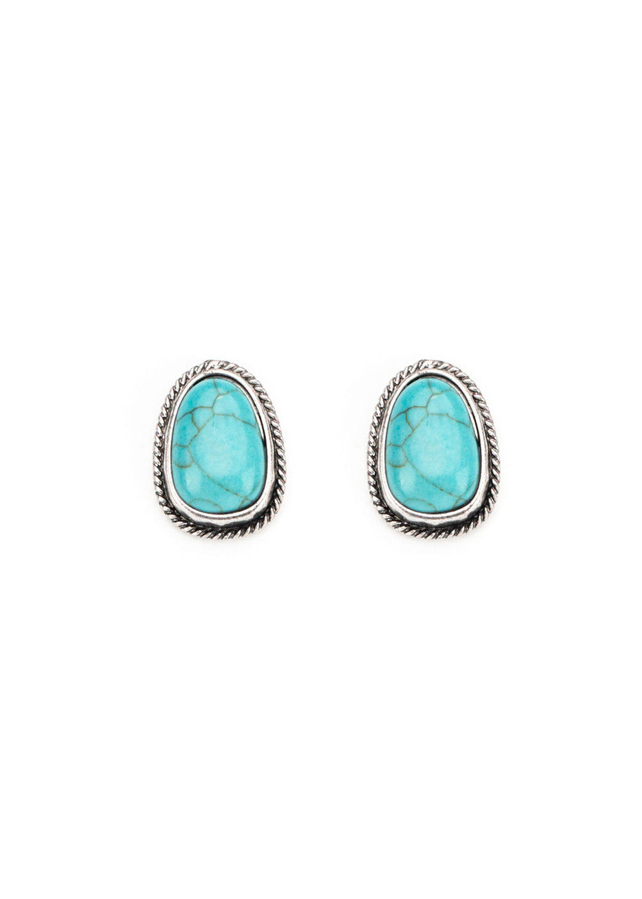 West and Co. 1" Turquoise Post Earrings with Burnished Silver Rope Border-Drop Earrings-West and Co.--The Twisted Chandelier