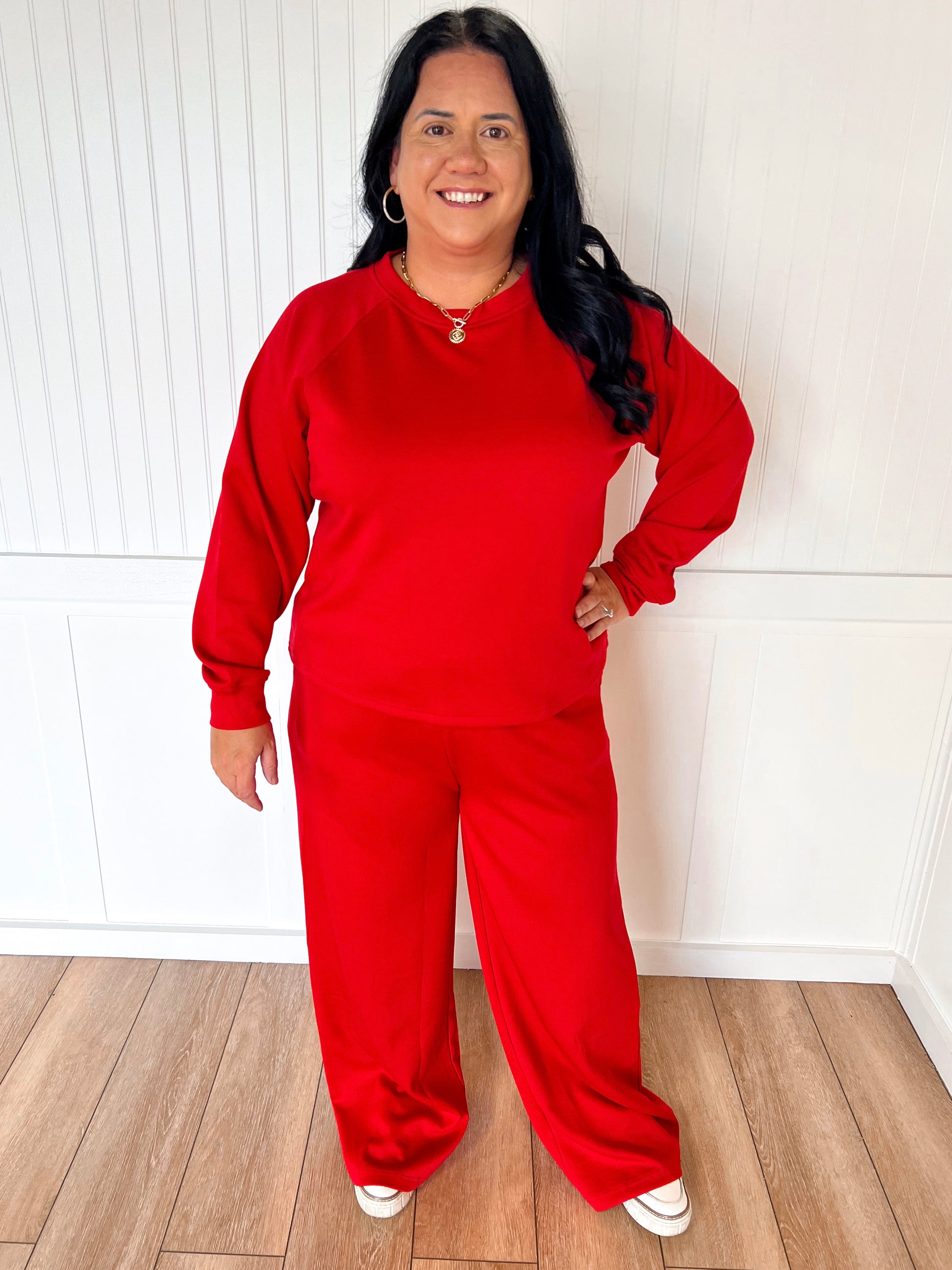 Tessa Scuba Crewneck Pullover & Pants 2-Piece Lounge Set – Soft Stretch Matching Set - Red-Outfit Sets-Zenana-FD 11/6/25-The Twisted Chandelier