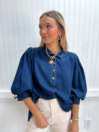 Presley Solid Puff Sleeve Denim Top-Top-ENTRO-Fall Favorites,FD 09/09/26,NewArrival,Tops Collection-The Twisted Chandelier
