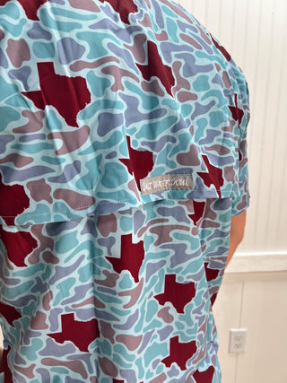 Men's Texas Maroon Camo Fishing Shirt-Men's Tops-SALT WATER SOUL-FD 02/18/26,Men's,RWB-The Twisted Chandelier