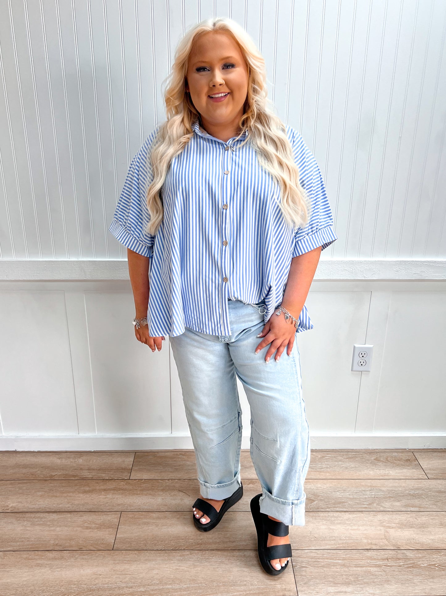 Merritt Oversized Stripe Button-Down Stretch Knit Shirts - Plus-Top-Zenana-FD 05/26/26,Tops Collection-The Twisted Chandelier