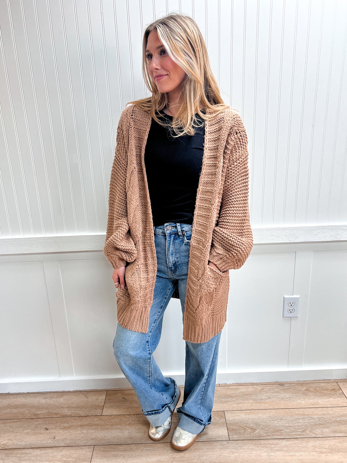 Camille Chunky Cable Lantern Sleeve Cardigan-Bluivy-The Twisted Chandelier