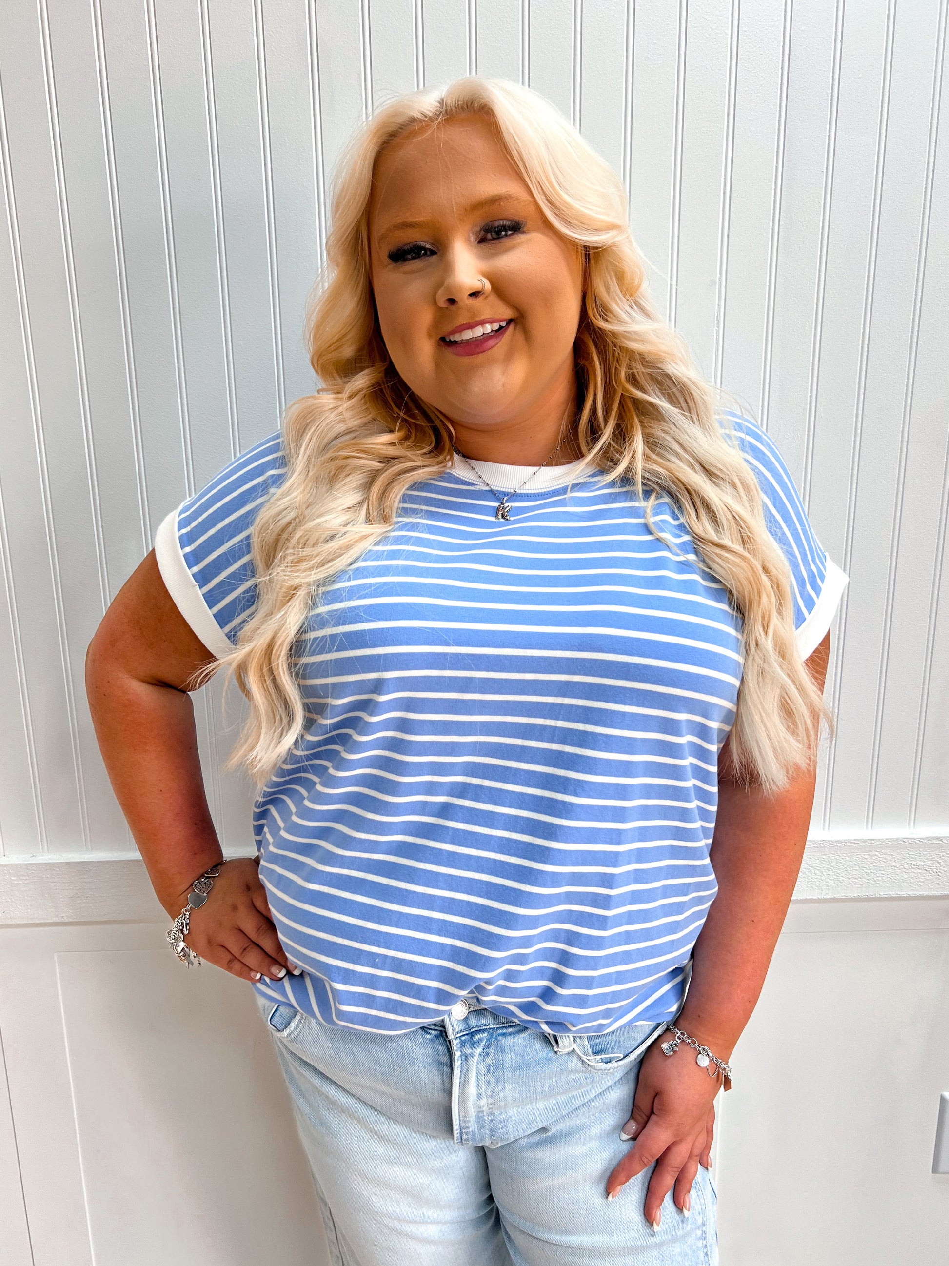 Carly Contrast Trim Cap Sleeve Stripe Tee - Plus-Top-Zenana-FD 05/26/26,Tops Collection-The Twisted Chandelier