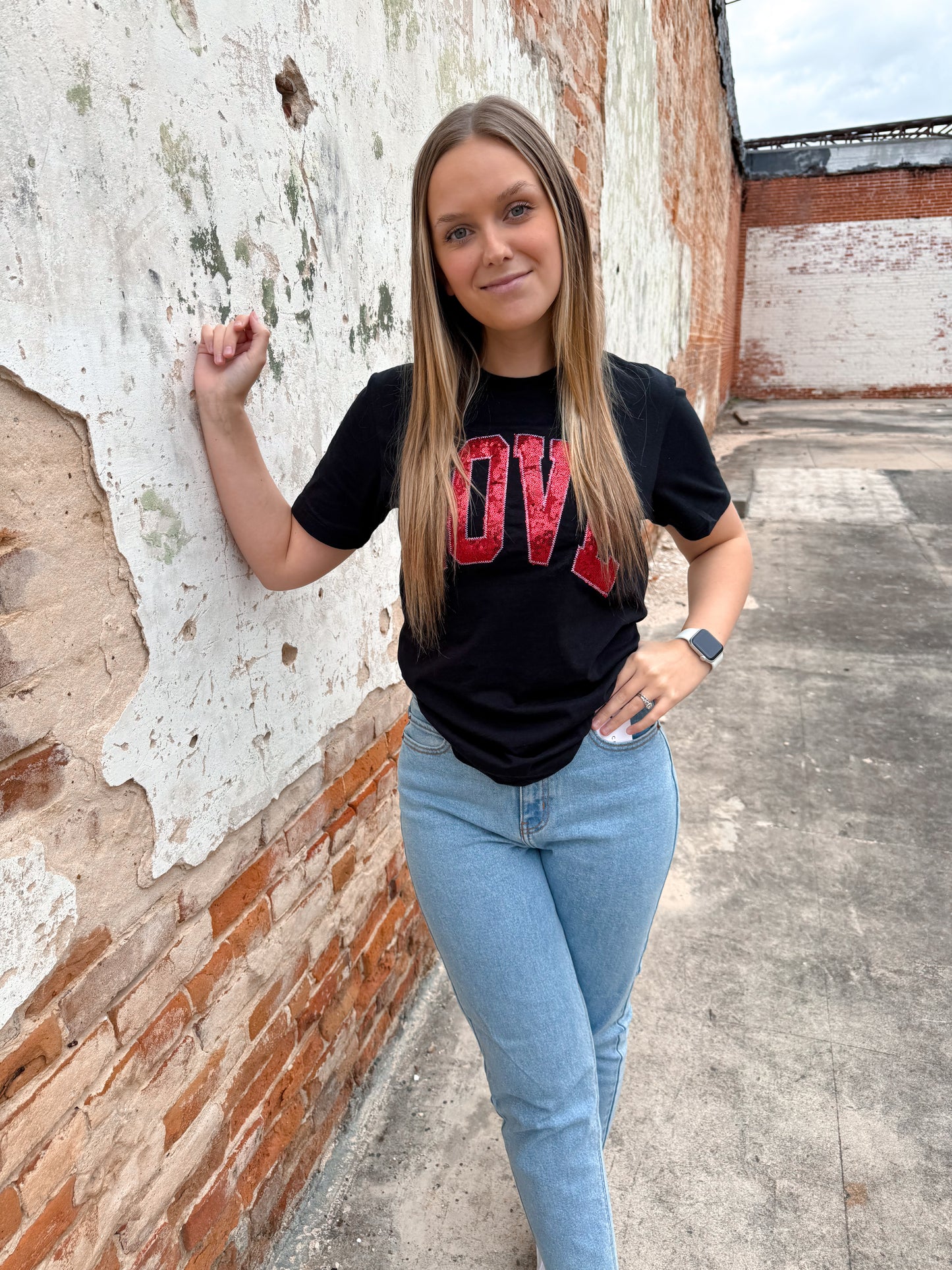 Black Arched Love Short Sleeve Embroidered Patch Tee-Graphic T-Shirt-Southern Belle Wholesale-Bin C1, Max Retail-The Twisted Chandelier