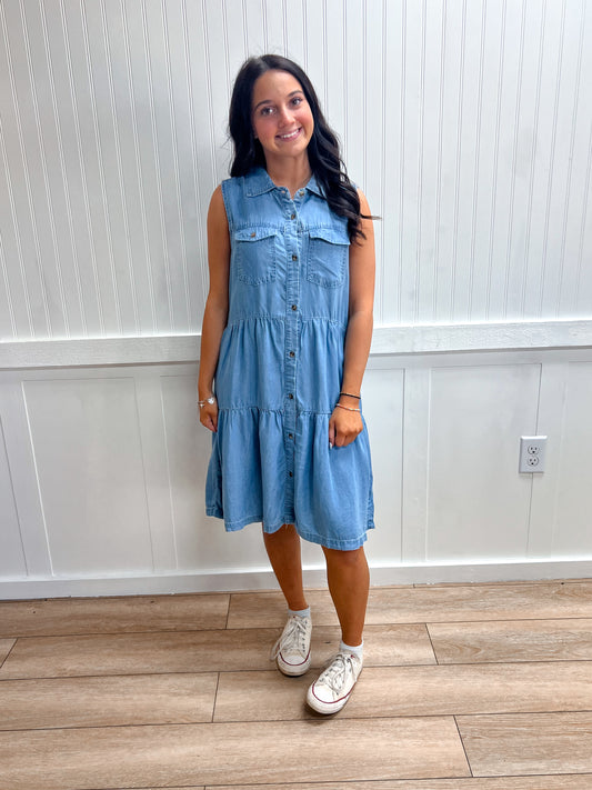Dallas Sleeveless Pocket Detail Button Down Lyocell Dress