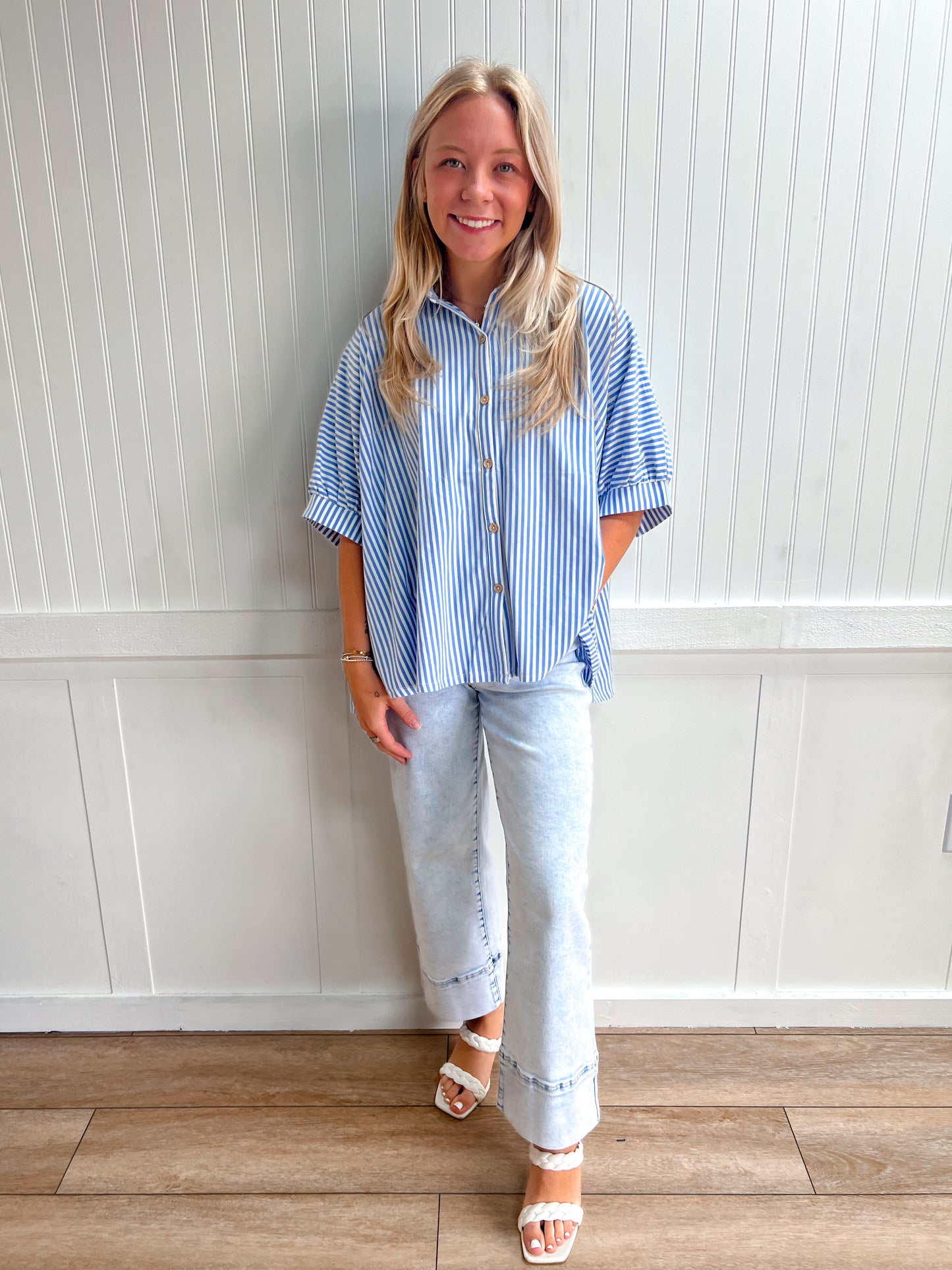 Merritt Oversized Stripe Button-Down Stretch Knit Shirts-Top-Zenana-FD 05/26/26,Tops Collection-The Twisted Chandelier