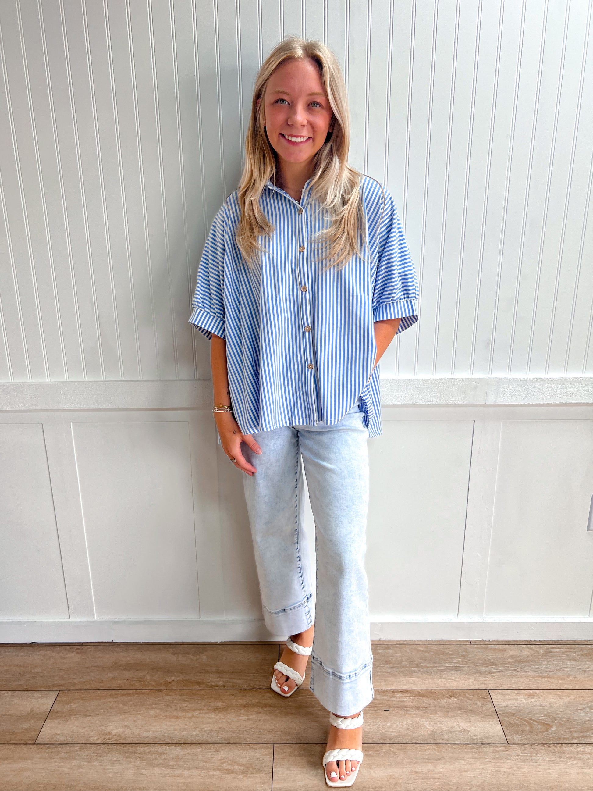 Merritt Oversized Stripe Button-Down Stretch Knit Shirts-Top-Zenana-FD 05/26/26,Tops Collection-The Twisted Chandelier