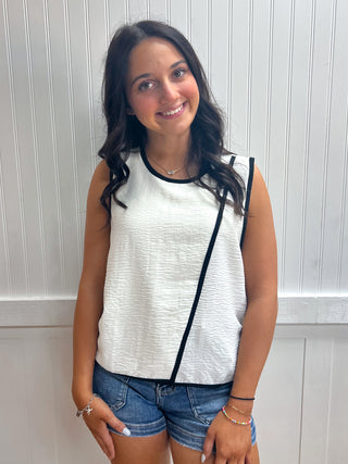 Emery Sleeveless Round Neck Woven Top with Contrasting Edge Detail-Shirts & Tops-Active Basic | Active USA-FD 04/30/26,Tops Collection-The Twisted Chandelier