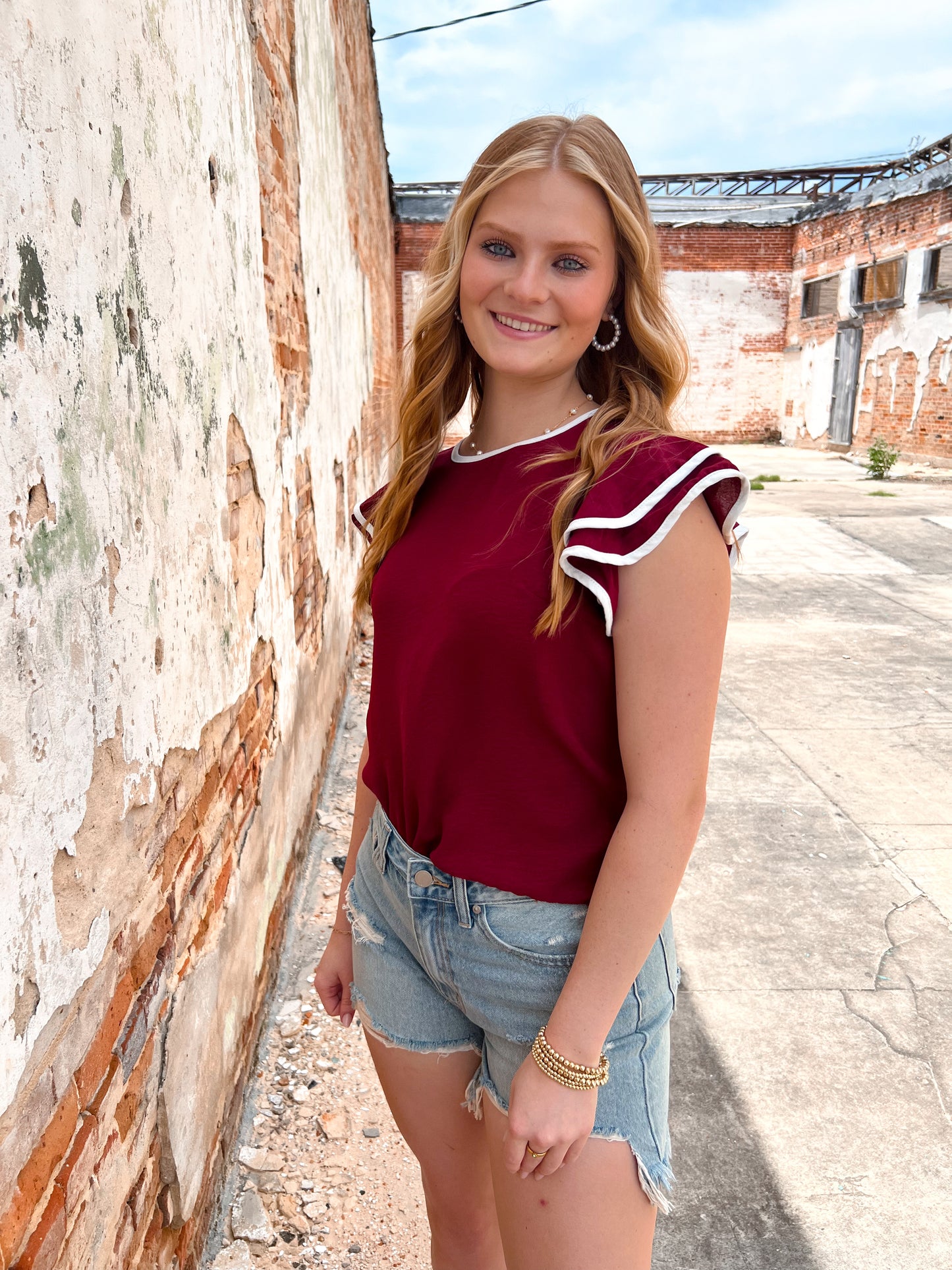 Maria Ruffle Sleeve Contrast Piping Top - Maroon-Apparel & Accessories-She & Sky-10/11/24, 1st md, Bin a1, gameday, OGP 39.99, SY6057, Tops Collection-The Twisted Chandelier