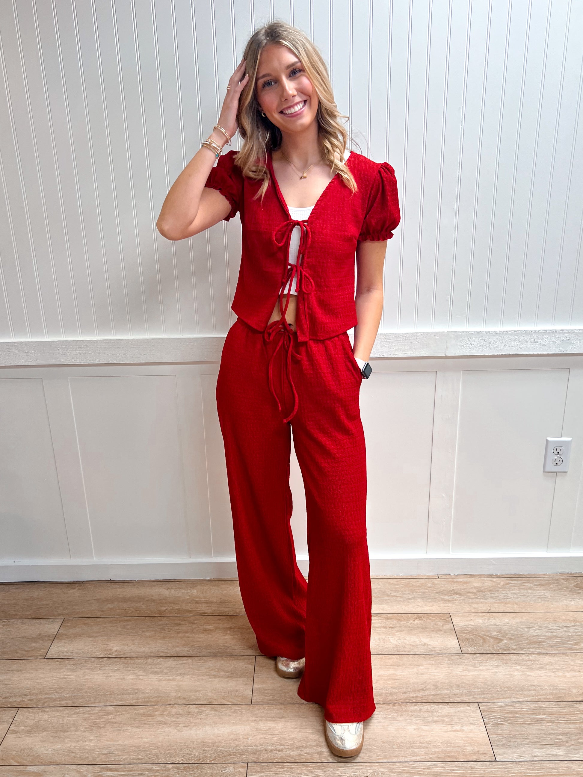 Talia Short Sleeve V-Neck with Tie Top & Texture Knit Pants Set-Active Basic | Active USA-FD 01/31/26-The Twisted Chandelier