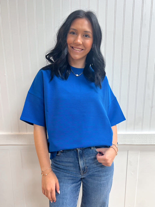 Kinsley Ribbed Round Neck Waist Banded Tee Shirts - Classic Blue-Zenana-FD 03/12/26,Tops Collection-The Twisted Chandelier