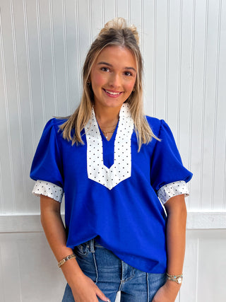 Lacey Tiny Polka Dot Contrast Accent Solid Top