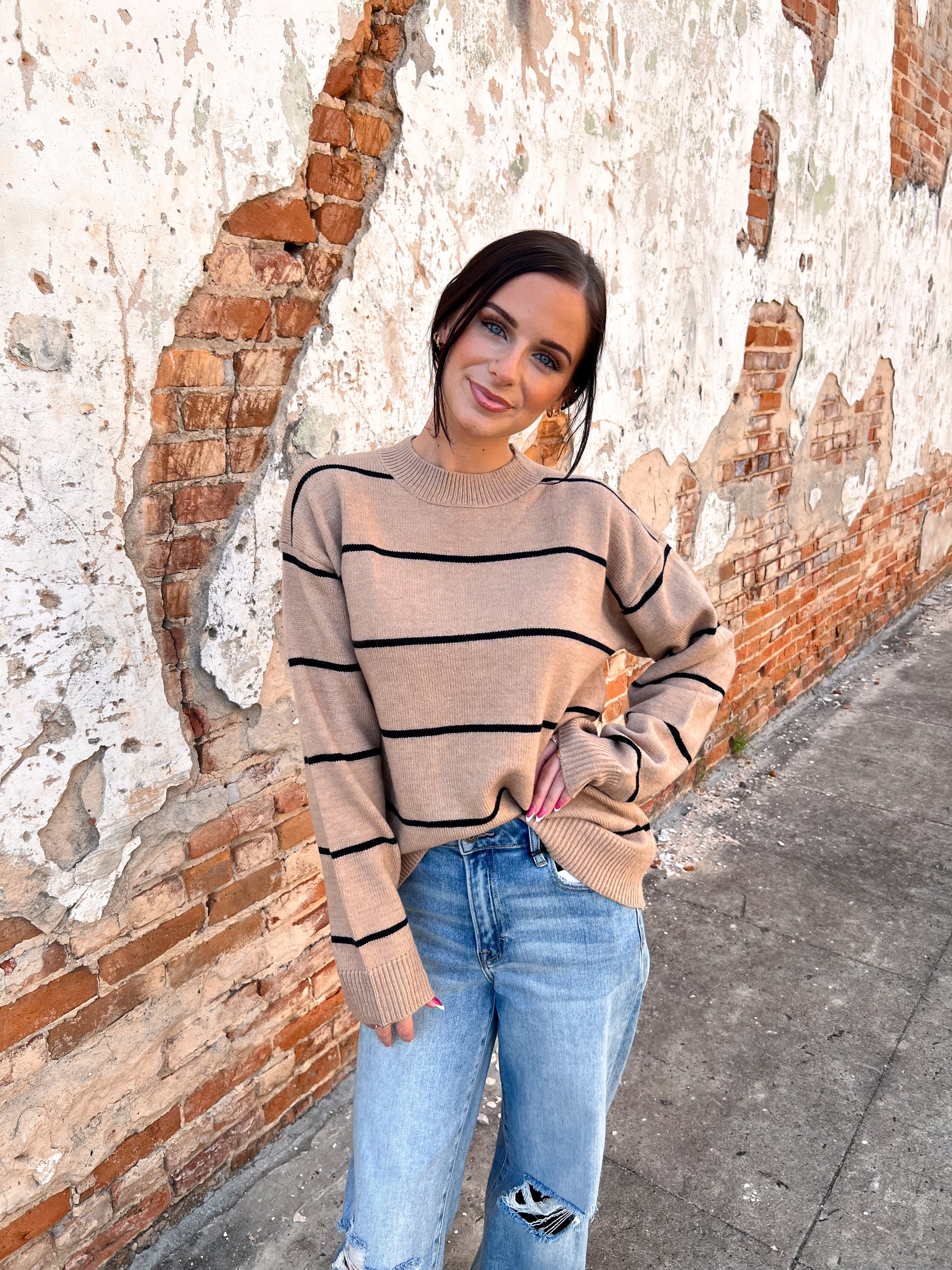 Hadley Loose Fit Stripe Long Sleeve Crewneck Sweater-La Miel-Bin a4,FD 09/30/25,HCS3553,Tops Collection-The Twisted Chandelier