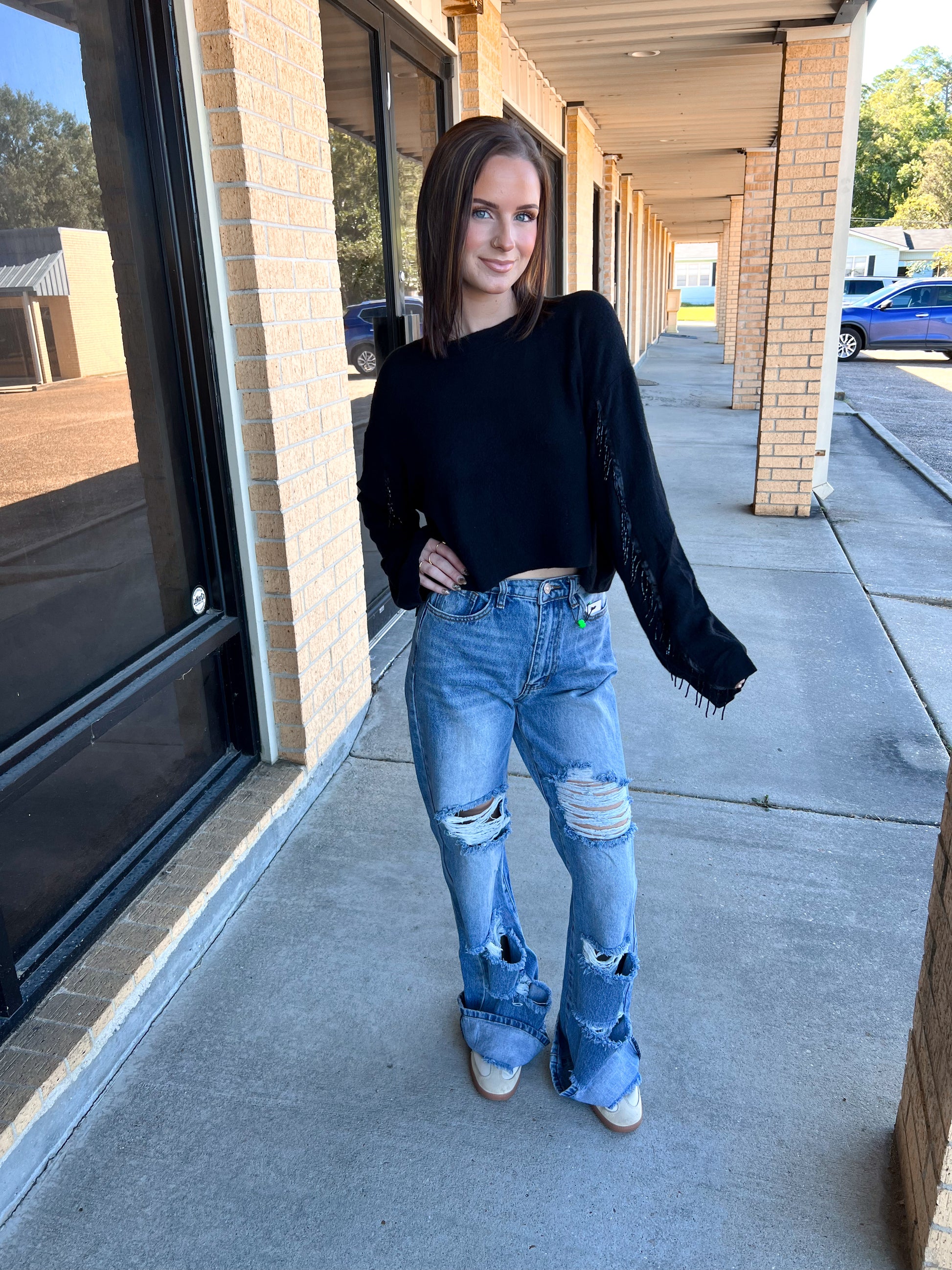 Valentina Black Sweater Rhinestone Fringed Sleeves-Sweater-Vocal-20005L,Max Retail,not on the floor only in totes,Winter Tote T1-The Twisted Chandelier