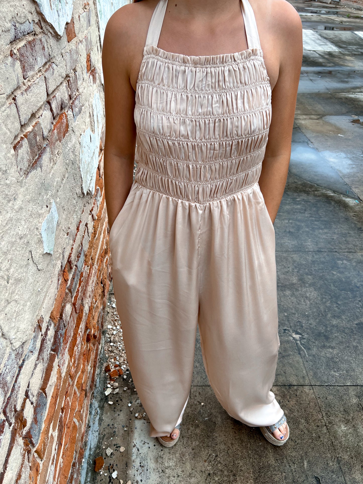 Davina Halter Neck Tie Closure Smocked Jumpsuit-Jumpsuits & Rompers-Davi & Dani-08/18/24, 1st md, Bin b2, DR30073, OGP 59.99-The Twisted Chandelier