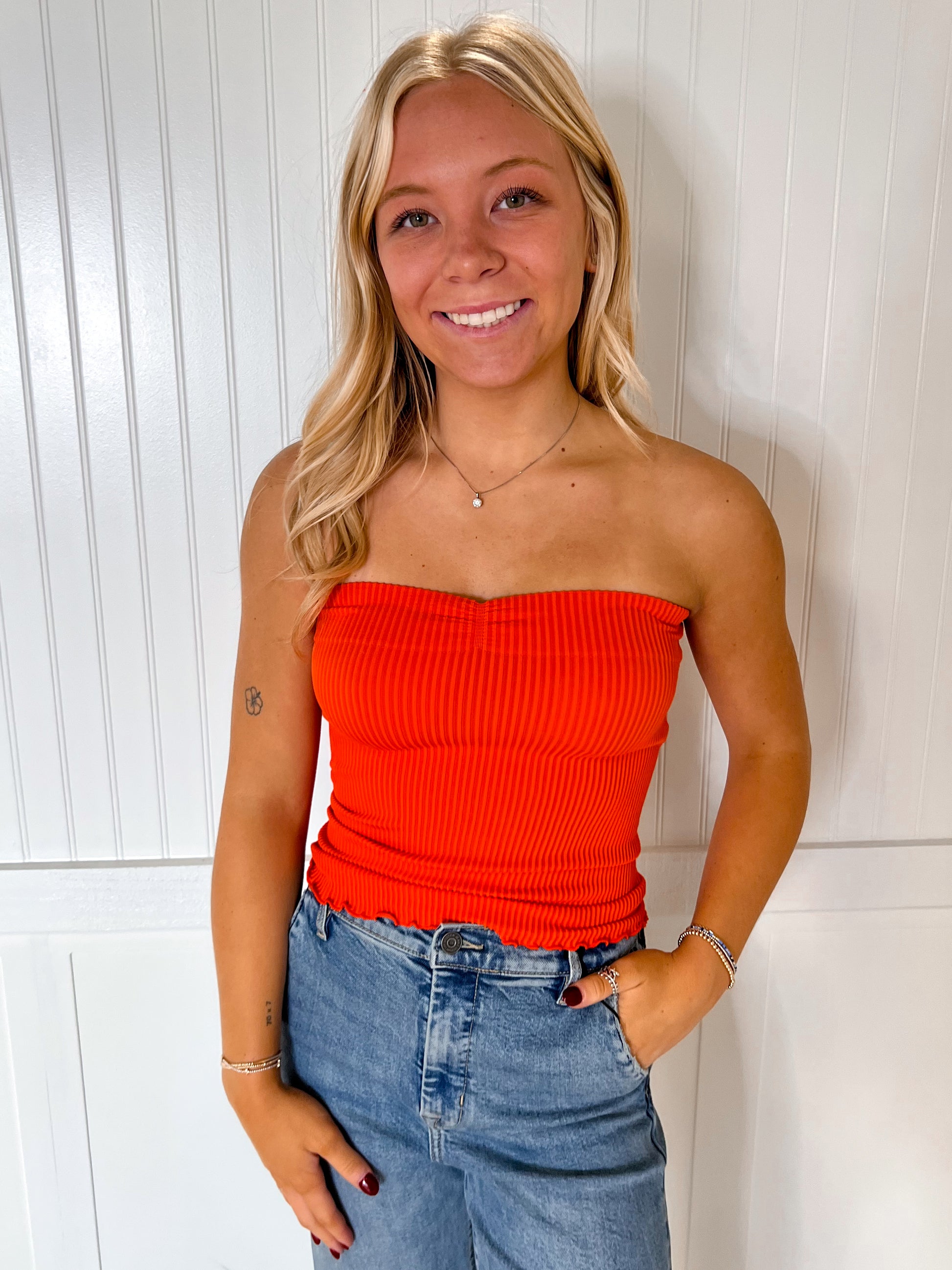 Annie Sweetheart Neckline Seamless Ribbed Tube Top - Orange-By Together-07/24/25,1st md,Bin B5,FD 6/24/25,OGP 22.50,Tops Collection-The Twisted Chandelier