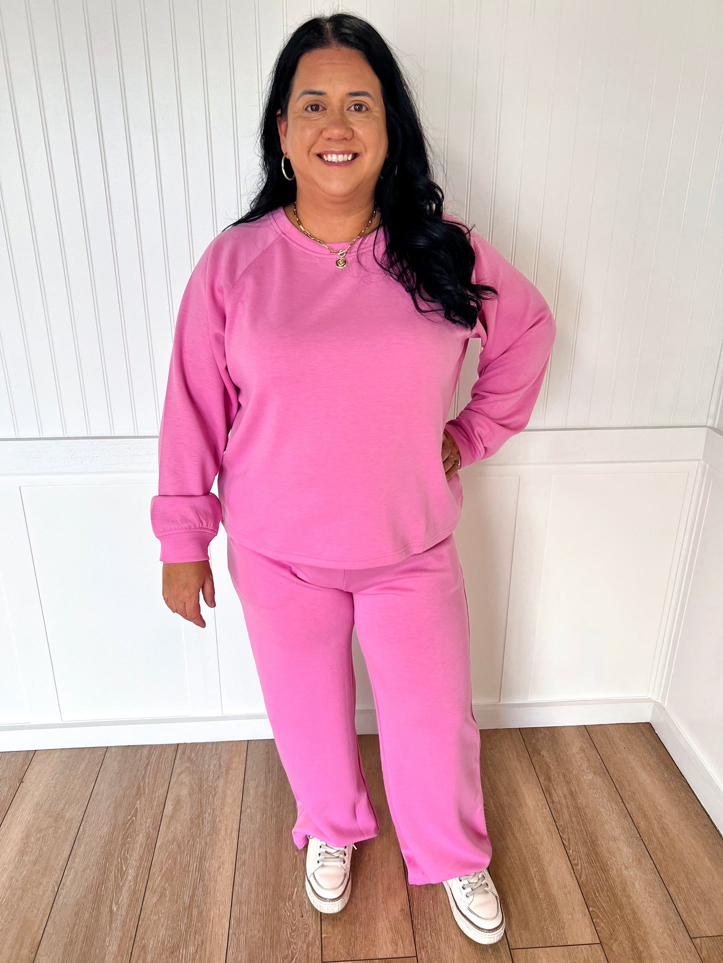 Tessa Scuba Crewneck Pullover & Pants 2-Piece Lounge Set – Soft Stretch Matching Set - Pink-Outfit Sets-Zenana-FD 11/6/25-The Twisted Chandelier