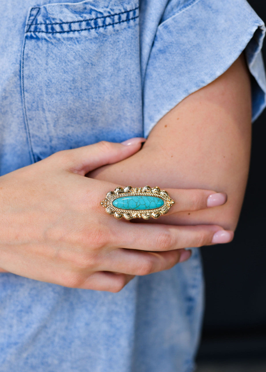 West and Co. Adjustable Elongated Gold and Turquoise Ring-Western Ring-West and Co.--The Twisted Chandelier