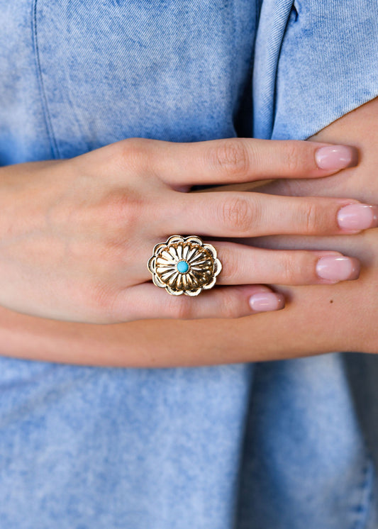 West and Co. Large Burnished Gold Adjustable Concho Ring with Turquoise Stone-Western Ring-West and Co.--The Twisted Chandelier