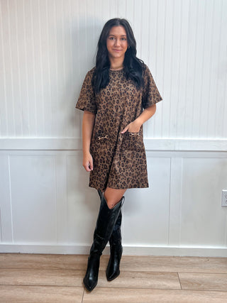 Vivi Leopard Print Short Sleeve Mini Dress-Dress-ENTRO-DJR,Fall Favorites,NewArrival-The Twisted Chandelier