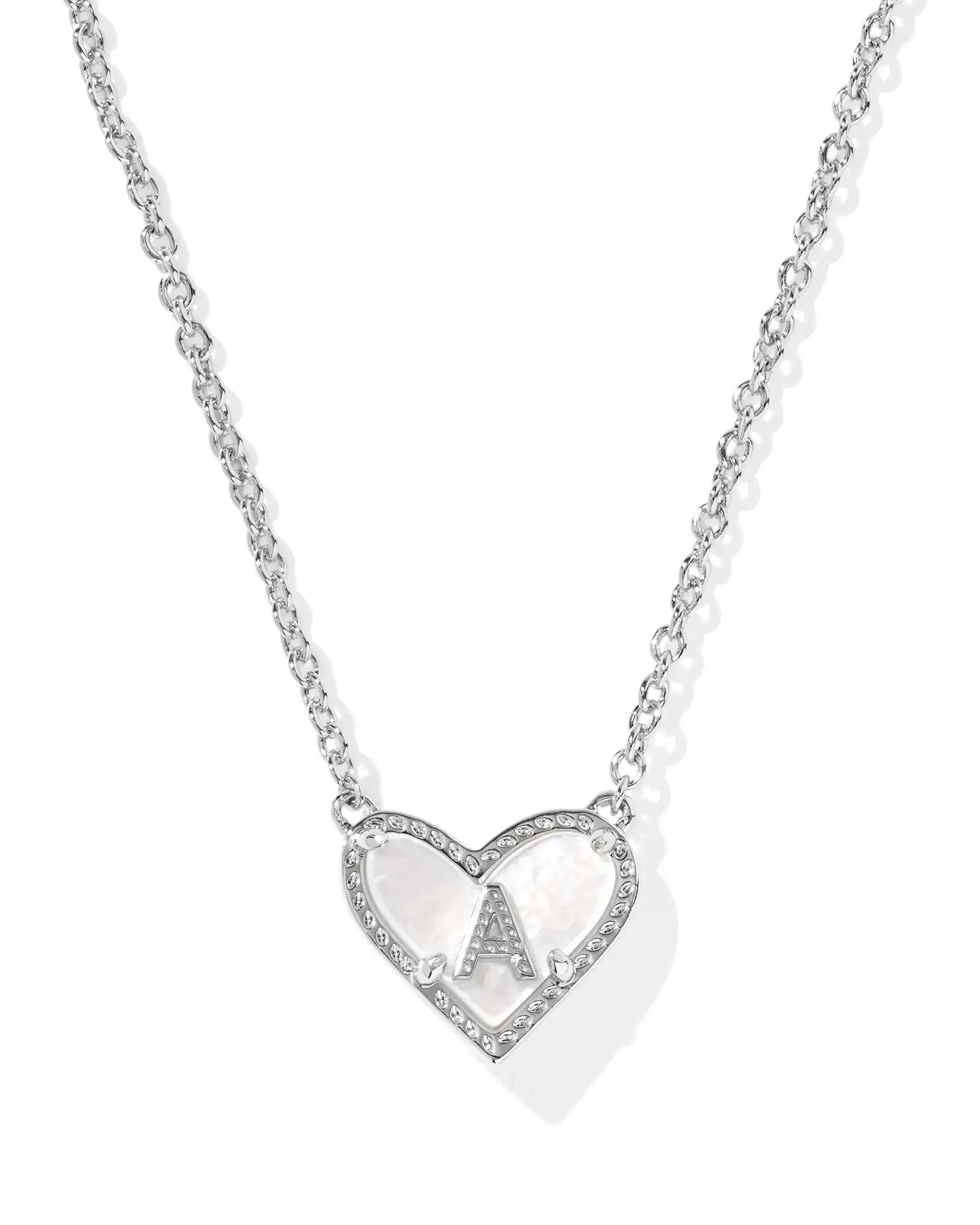 Kendra Scott Heart Letter A Short Pendant Necklace Silver Ivory Mother Of Pearl-Necklaces-Kendra Scott-08/21/25,N01123RHD-The Twisted Chandelier