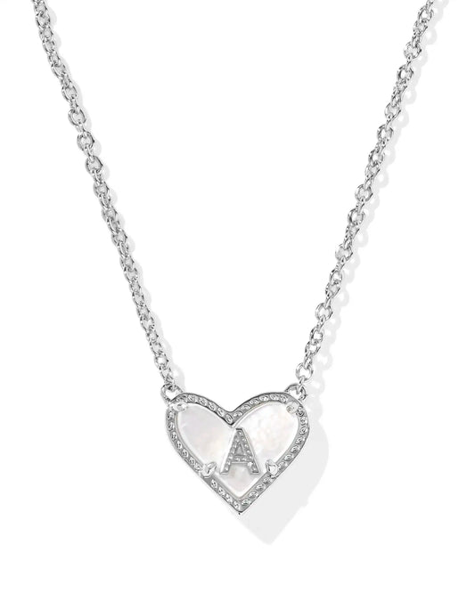 Kendra Scott Heart Letter A Short Pendant Necklace Silver Ivory Mother Of Pearl-Necklaces-Kendra Scott-08/21/25,N01123RHD-The Twisted Chandelier