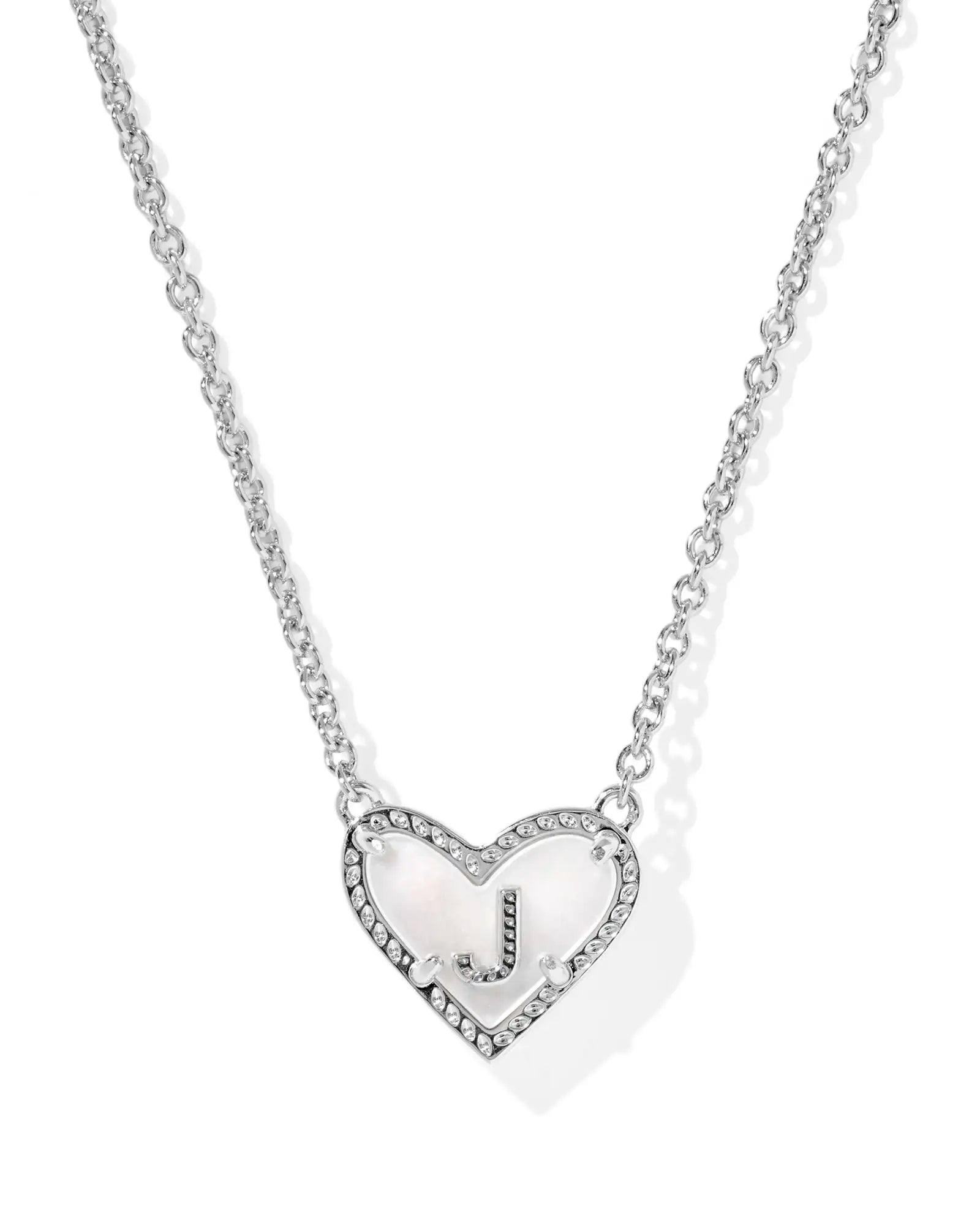 Kendra Scott Heart Letter J Short Pendant Necklace Silver Ivory Mother Of Pearl-Necklaces-Kendra Scott-08/21/25,N01137RHD-The Twisted Chandelier