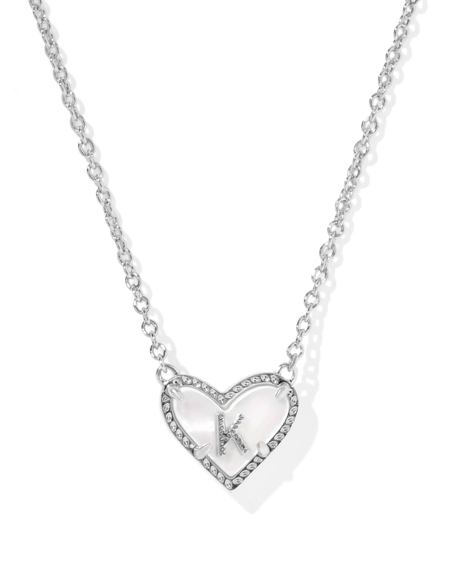 Kendra Scott Heart Letter K Short Pendant Necklace Silver Ivory Mother Of Pearl-Necklaces-Kendra Scott-08/21/25,N01134RHD-The Twisted Chandelier