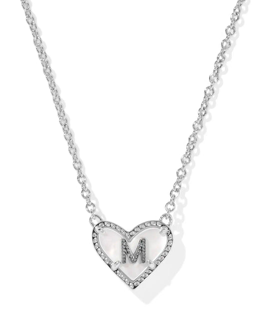 Kendra Scott Heart Letter M Short Pendant Necklace Silver Ivory Mother Of Pearl-Necklaces-Kendra Scott-08/21/25,N01138RHD-The Twisted Chandelier
