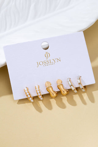 Pearl Rhinestone Multi Hoop Trio Earrings-JOSSLYN by wall to wall-80E62031-The Twisted Chandelier