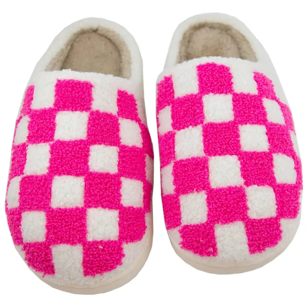 Hot Pink Checkered Pattern Slippers-SHOES-KATYDID-KDC-SLPR-141-The Twisted Chandelier