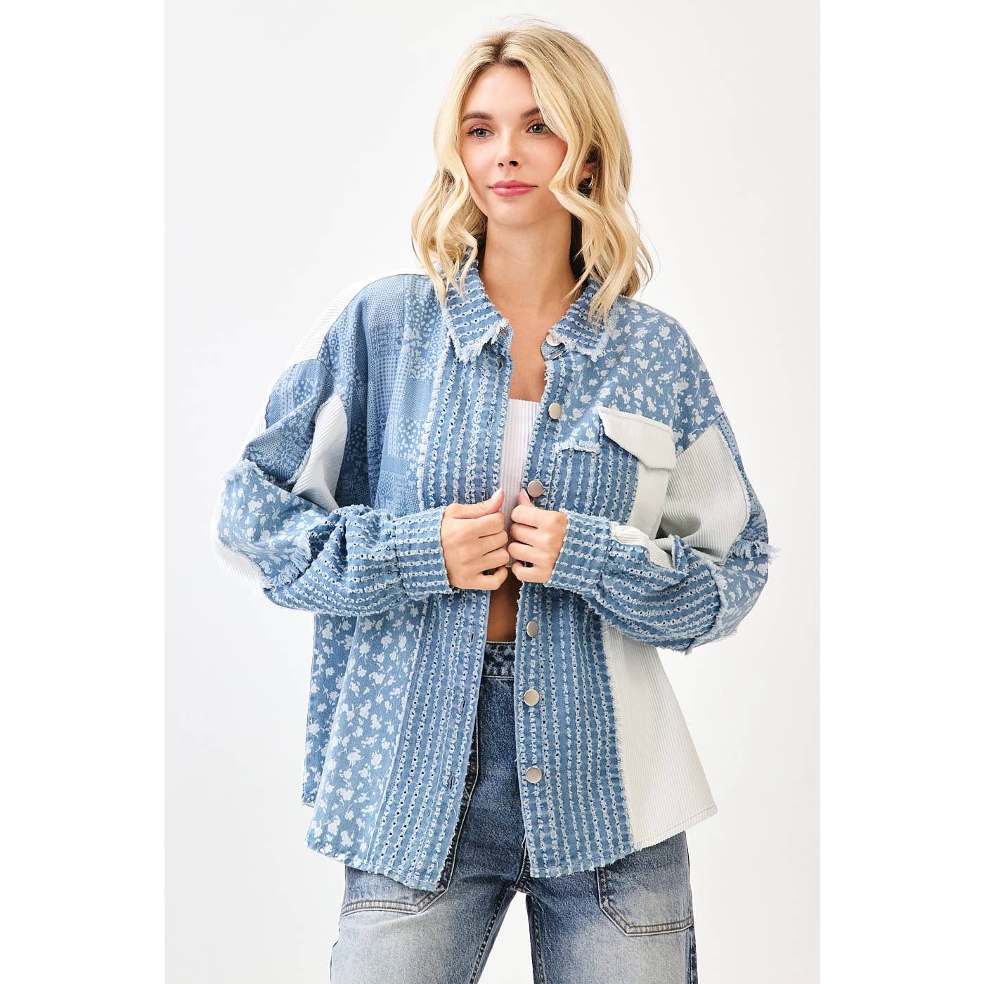 Lizzie Patchwork Mix Media Print Oversized Denim Shacket-mittoshop-The Twisted Chandelier
