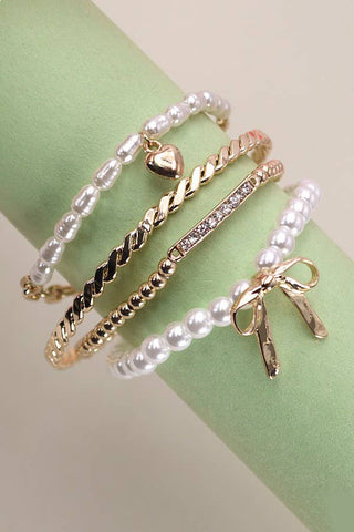 Bow Pearl Rhinestone Bar Stretch Bangle Set-JOSSLYN by wall to wall-80B137-The Twisted Chandelier