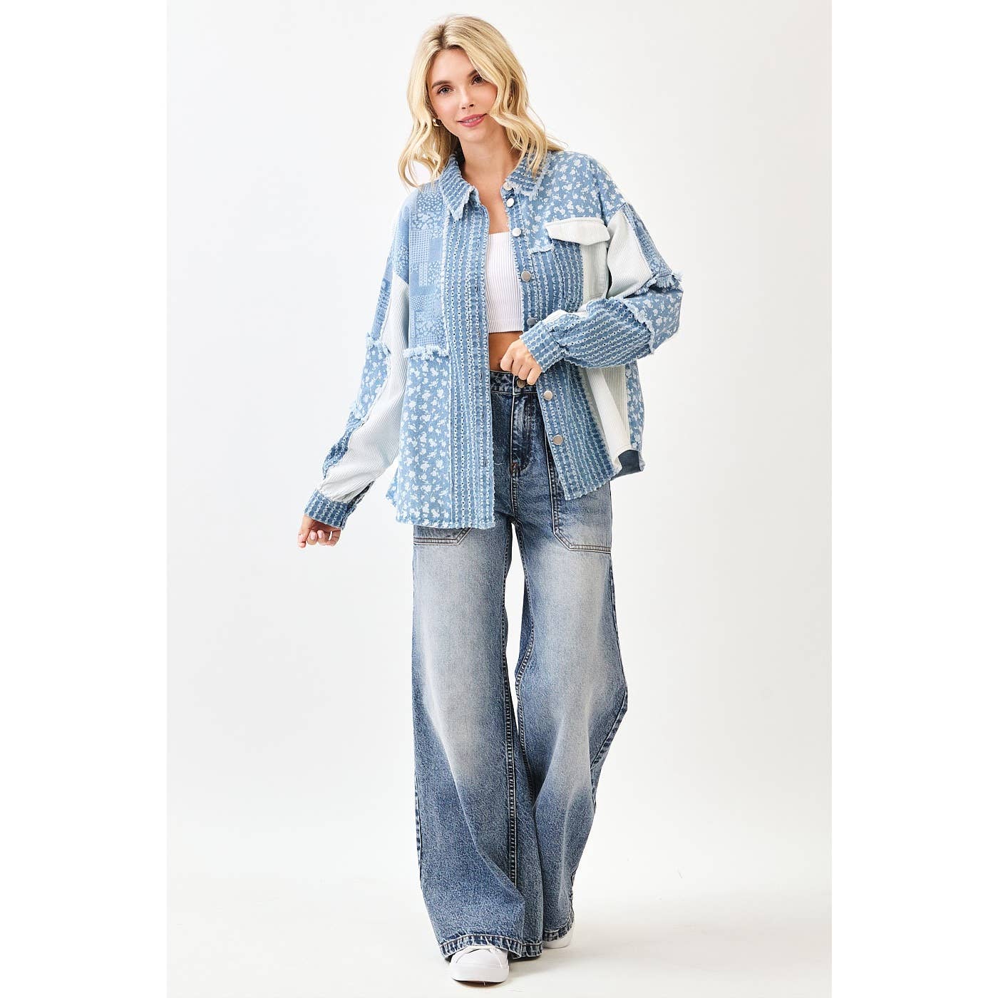Lizzie Patchwork Mix Media Print Oversized Denim Shacket-mittoshop-The Twisted Chandelier