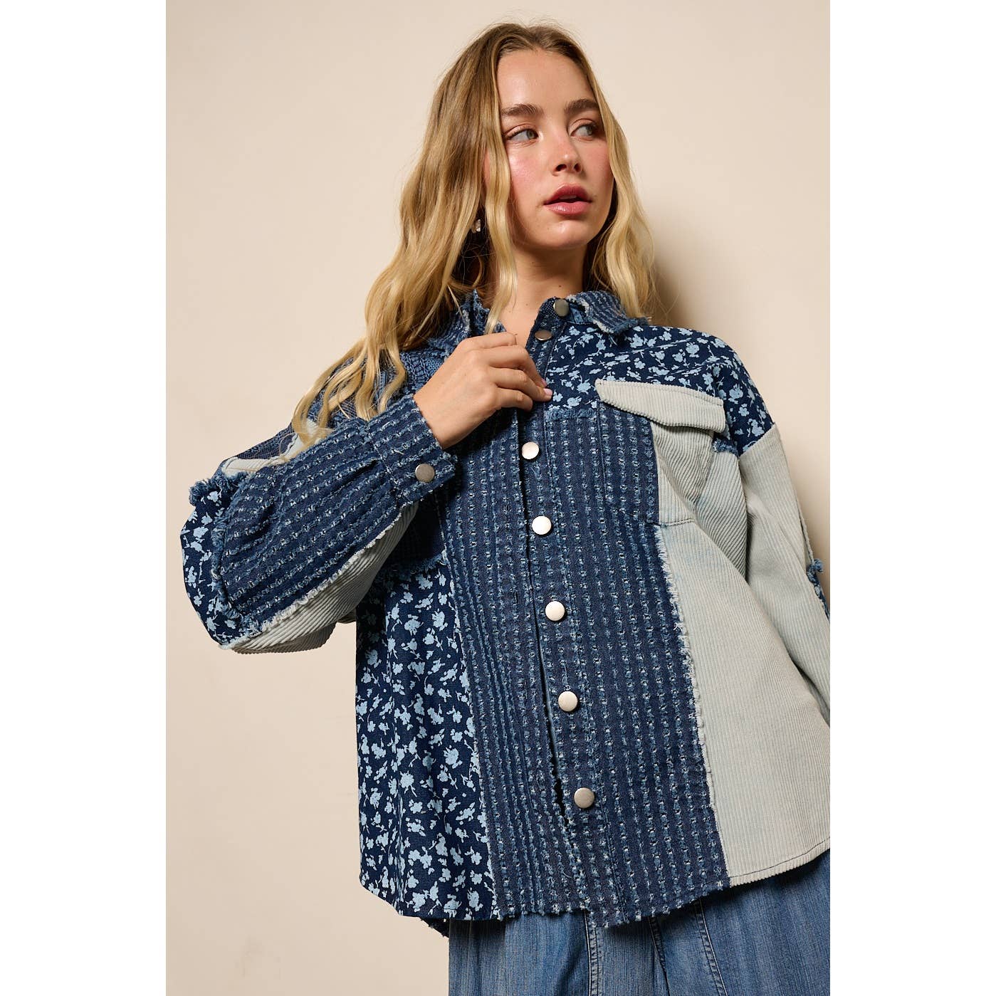 Lizzie Patchwork Mix Media Print Oversized Denim Shacket-mittoshop-The Twisted Chandelier