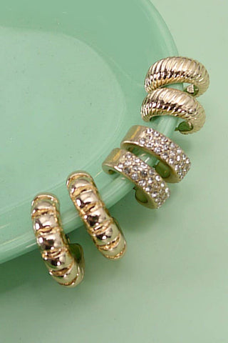Trio Rhinestone Textured Huggie Hoop Earrings-JOSSLYN by wall to wall-80E5014-Gold-The Twisted Chandelier