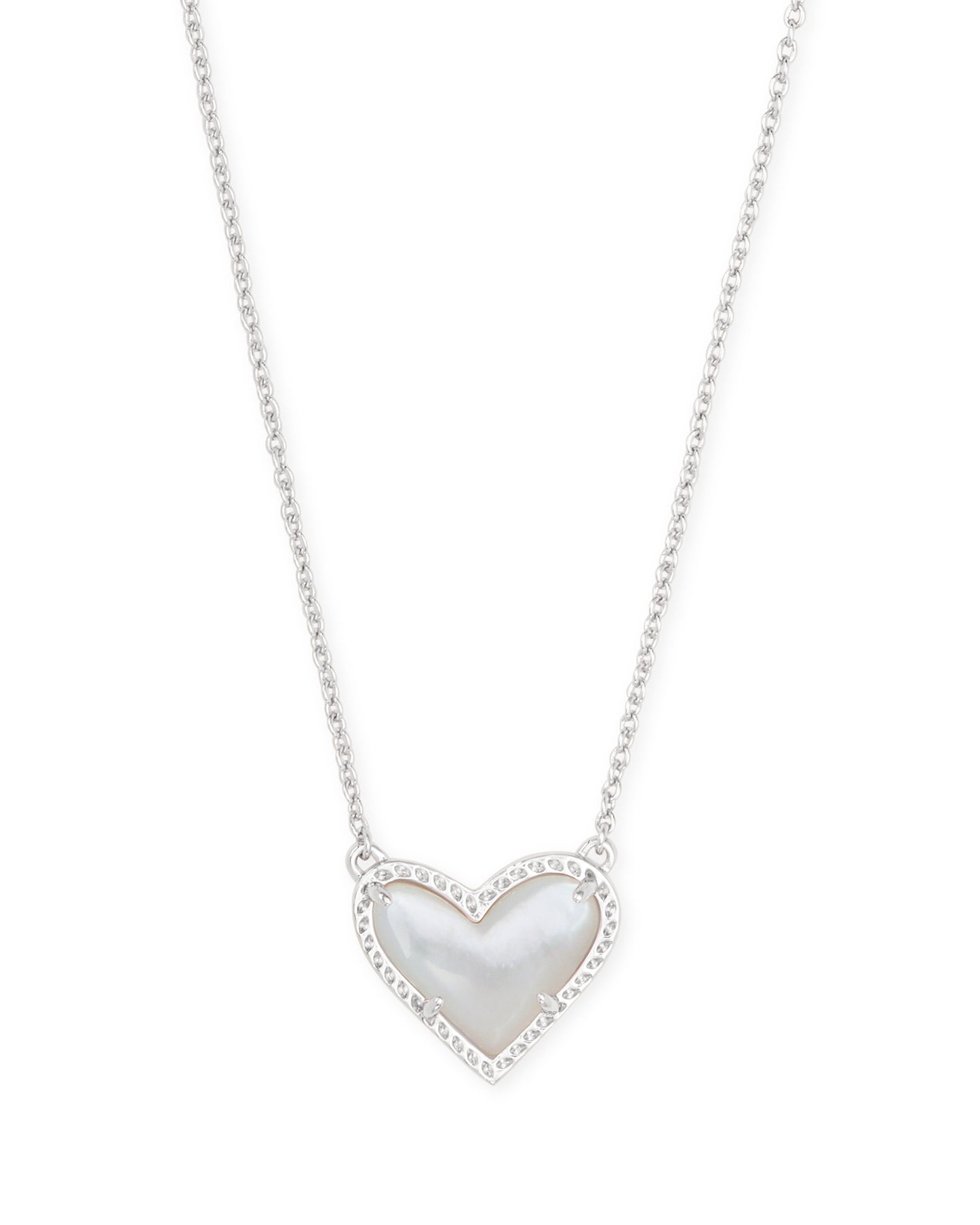 Kendra Scott Ari Heart Short Pendant Necklace Rhodium Ivory Mother Of Pearl-Necklace-Kendra Scott-APRIL2022,KS,N1337RHD-The Twisted Chandelier