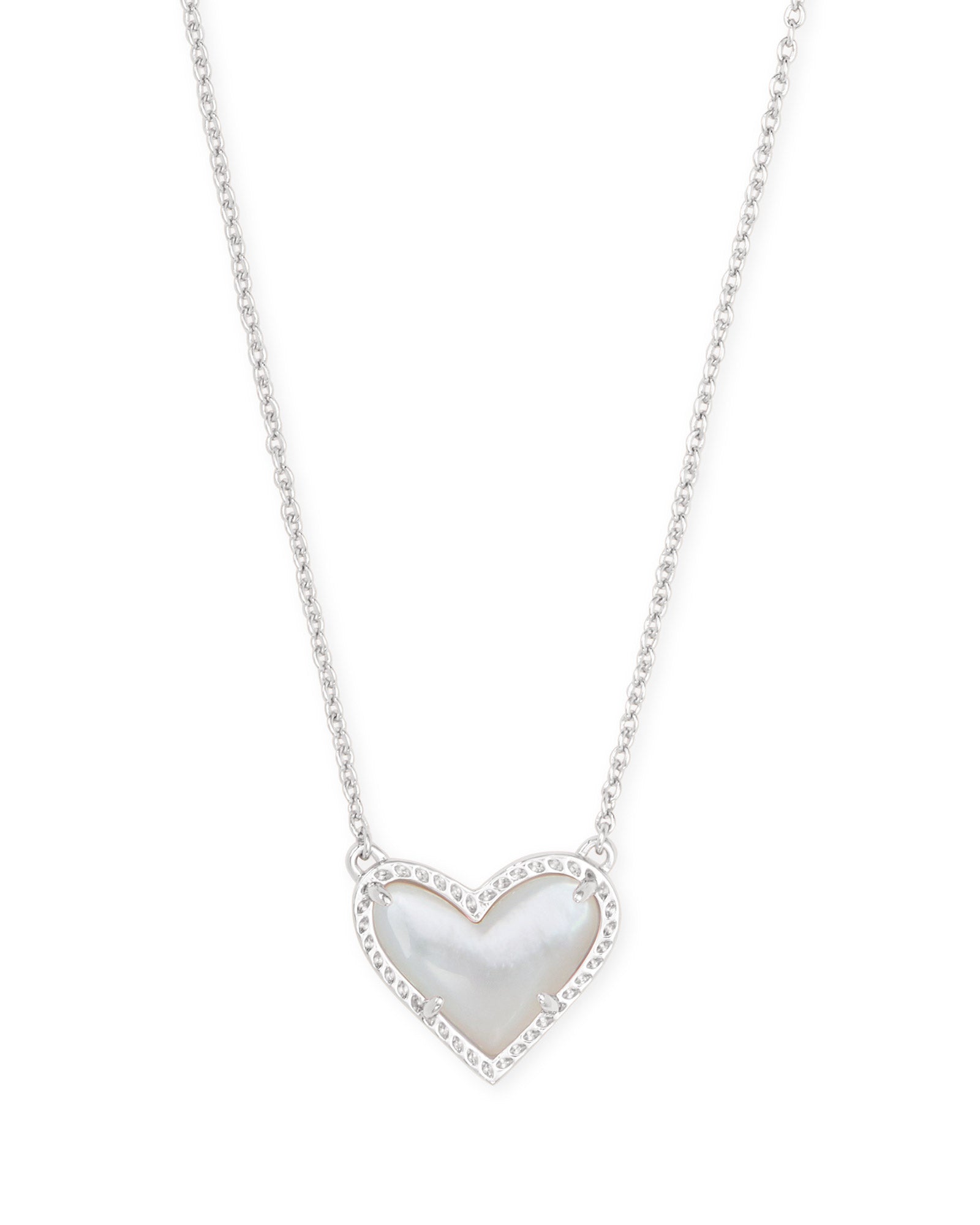 Kendra Scott Ari Heart Short Pendant Necklace Rhodium Ivory Mother Of Pearl-Necklace-Kendra Scott-APRIL2022,KS,N1337RHD-The Twisted Chandelier