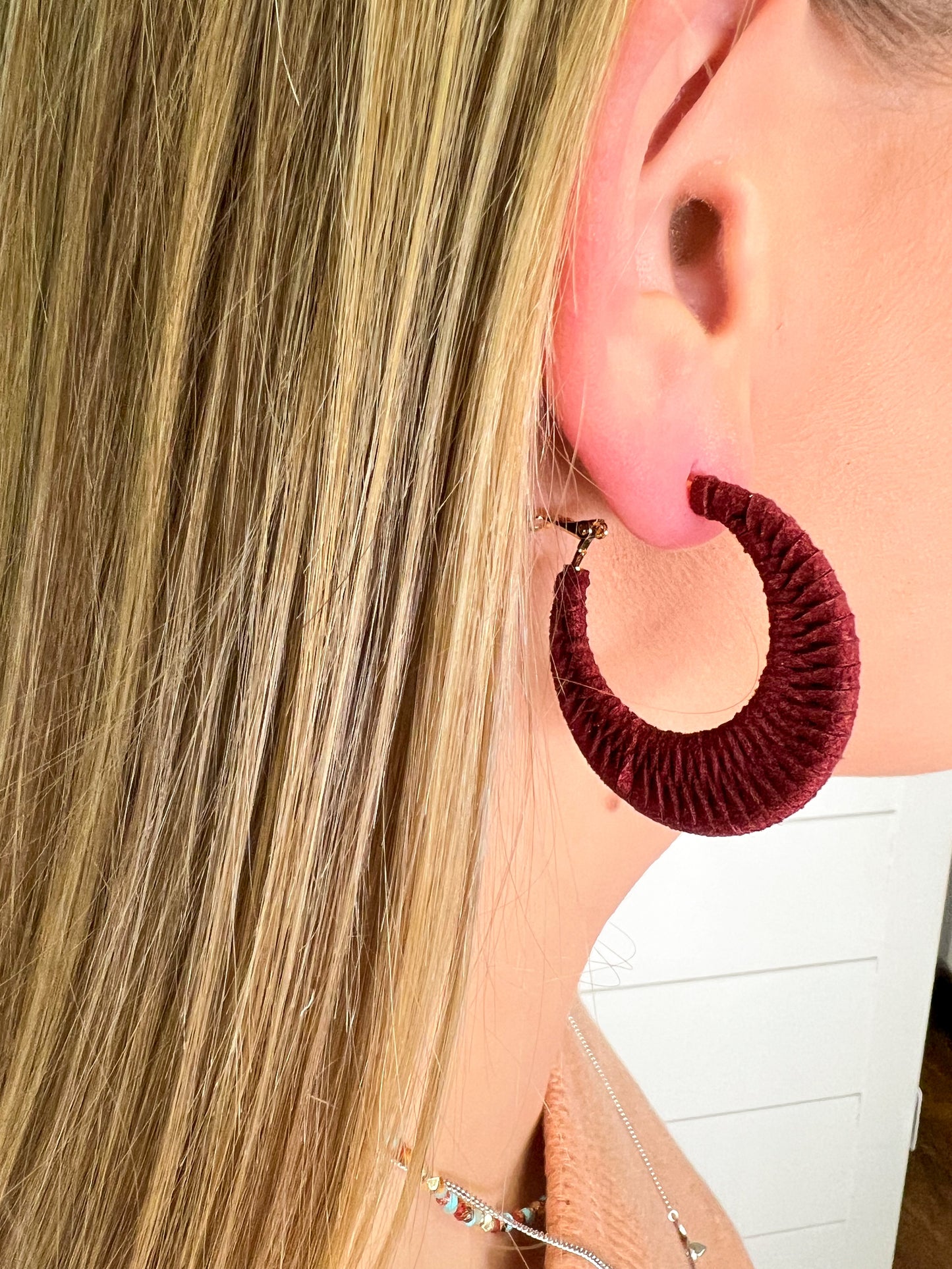 Suede Wrapped Hoop Earrings - Burgundy-Earrings-Kenze Pannee--The Twisted Chandelier